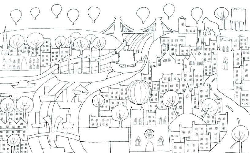Colouring in illustration of Bristol boats, balloons, Clifton Suspension Bridge and more 